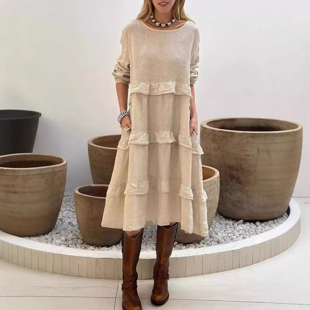 Spring Summer Women Long Sleeve Patchwork round Neck Ruffled Dress