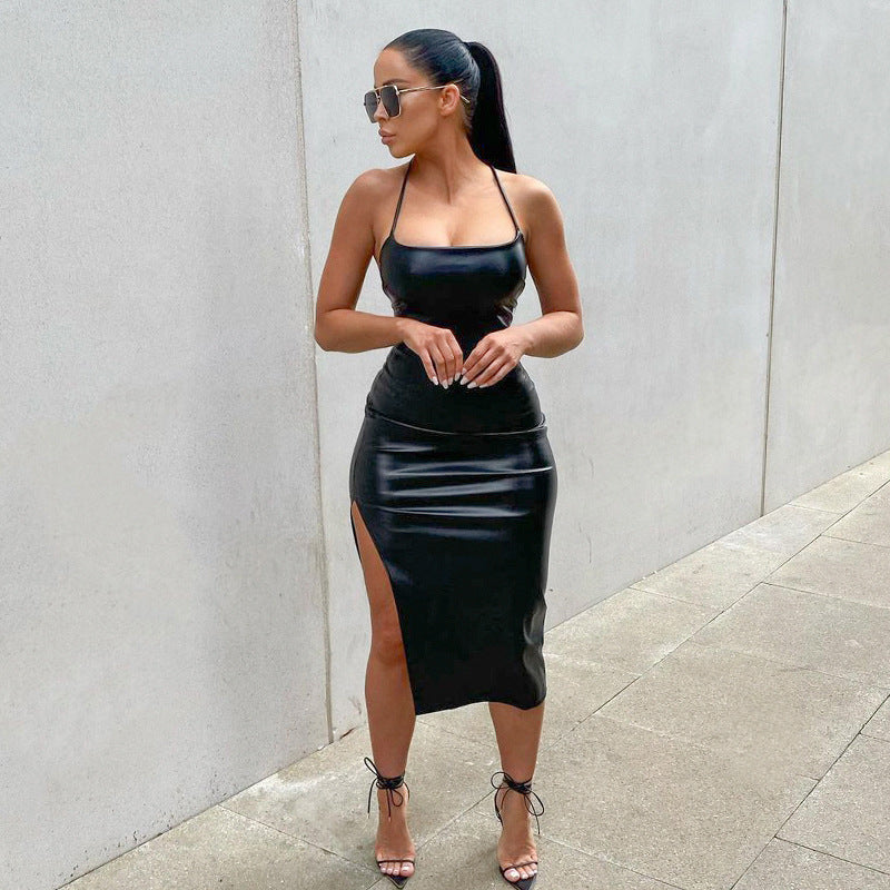 Faux-Leather Halter Lace-Up Split Bodycon Midi Dress