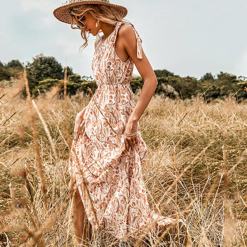 Sloping Shoulder Backless Sexy Bow High Waist Print Swing Women Dress Spring Tie Strap