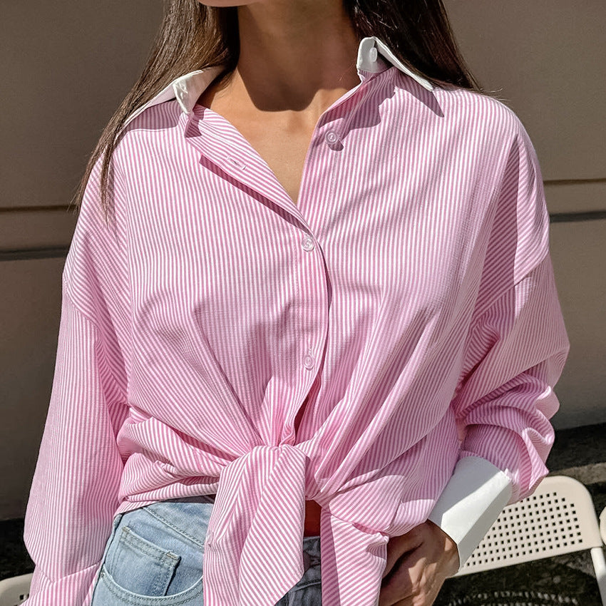 Women's Contrast Striped Button-Up Shirt