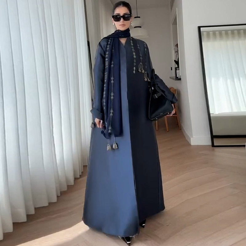 British Retro Motorcycle Embroidered Coat Midi Robe Trench Coat