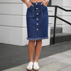 Navy blue stretch denim midi skirt, gold-tone buttons, frayed straight hem