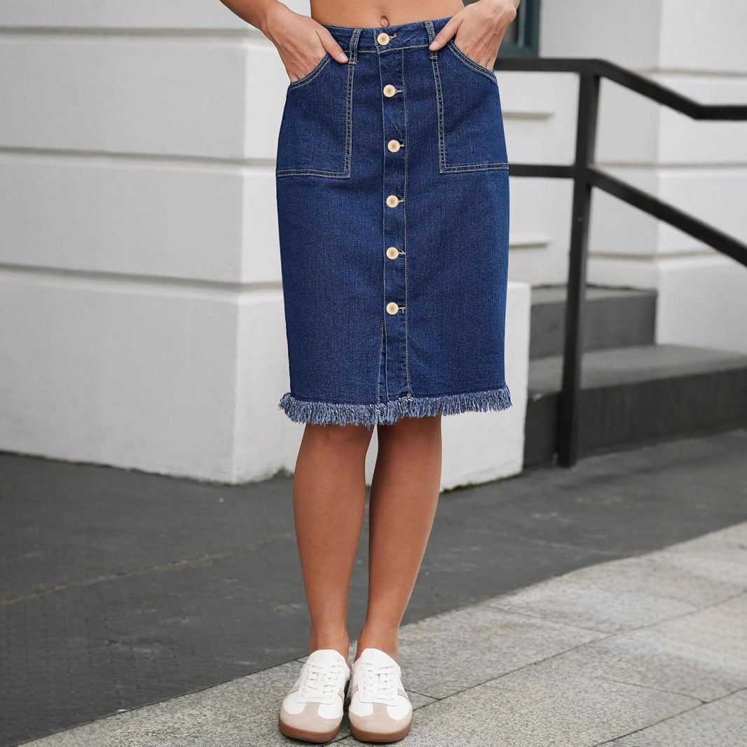 Navy blue stretch denim midi skirt, gold-tone buttons, frayed straight hem