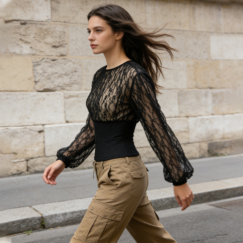 Design Blouse Women Summer Elegant Sexy Lace Stitching Slim