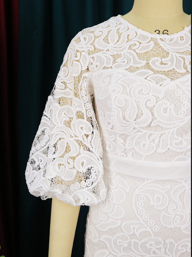 Lace Hollow out Lantern Sleeve Long Sleeve High Waist Party Evening Dress Mid Length Dress Women Party Dress