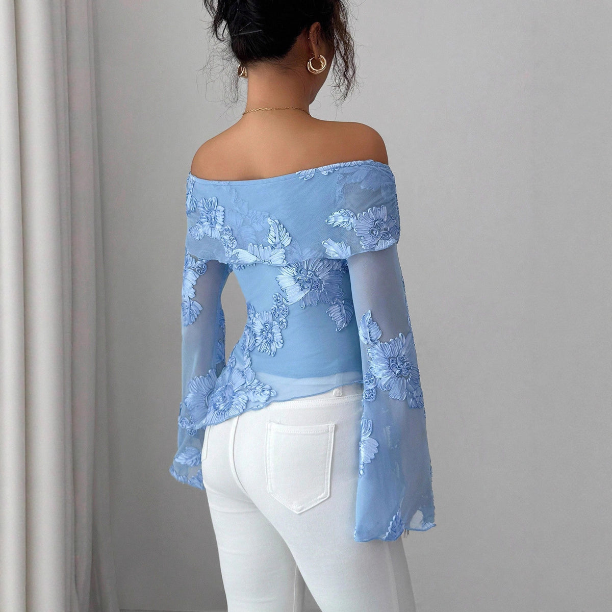 Asymmetric Embroidered Bell-Sleeve Top