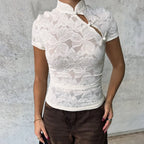 Crossbody Lace Stand Collar Top Summer Lace Stitching Sexy