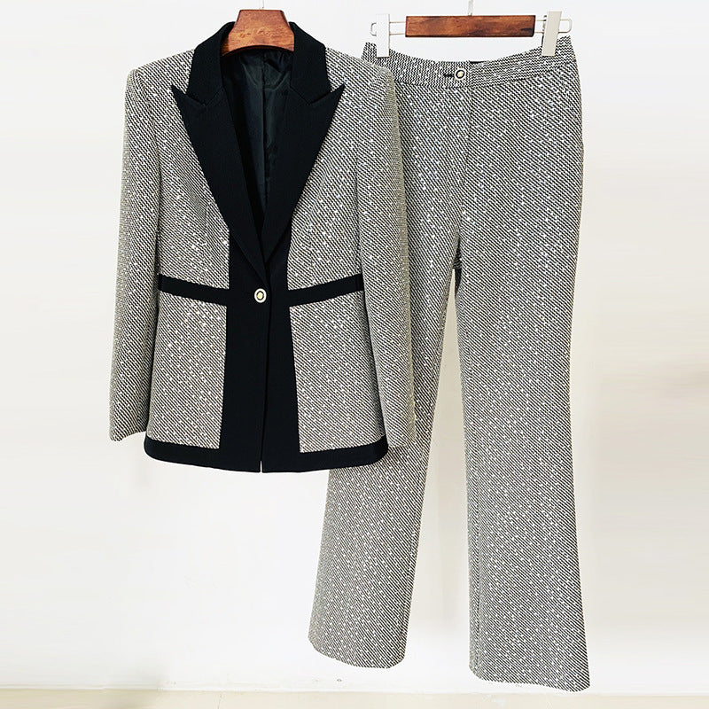 Elegant Sequ Small Plaid Colorblock Work Pant Two Piece Set