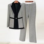 Elegant Sequ Small Plaid Colorblock Work Pant Two Piece Set