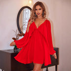 Sexy V neck Long Sleeve Lantern Bubble Sleeve Large Swing Dress