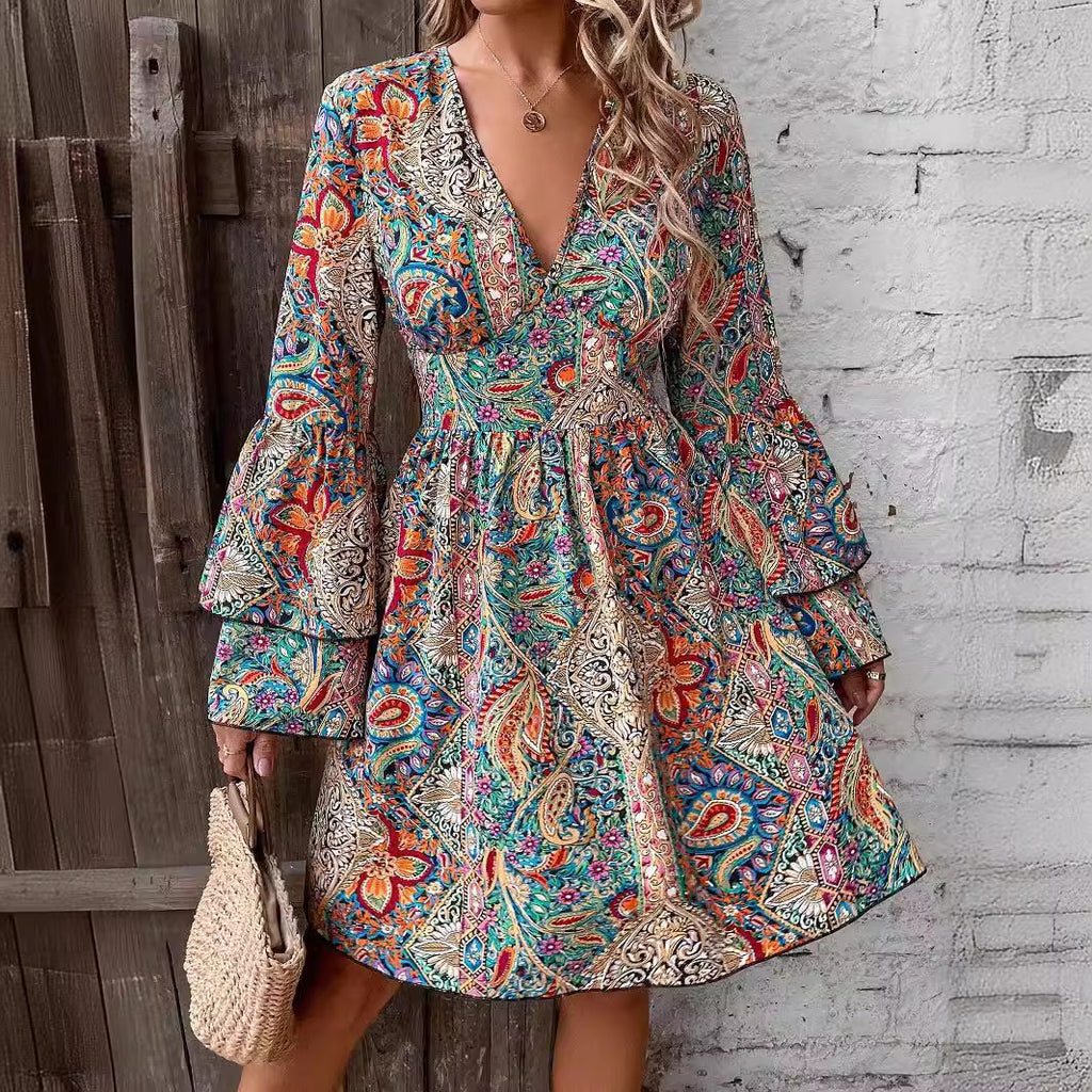 Floral Print V-Neck Flare-Sleeve Dress