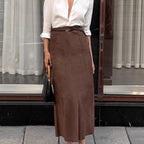 Autumn Winter Retro Knitted Brushed Velvet Khaki Slim Skirt