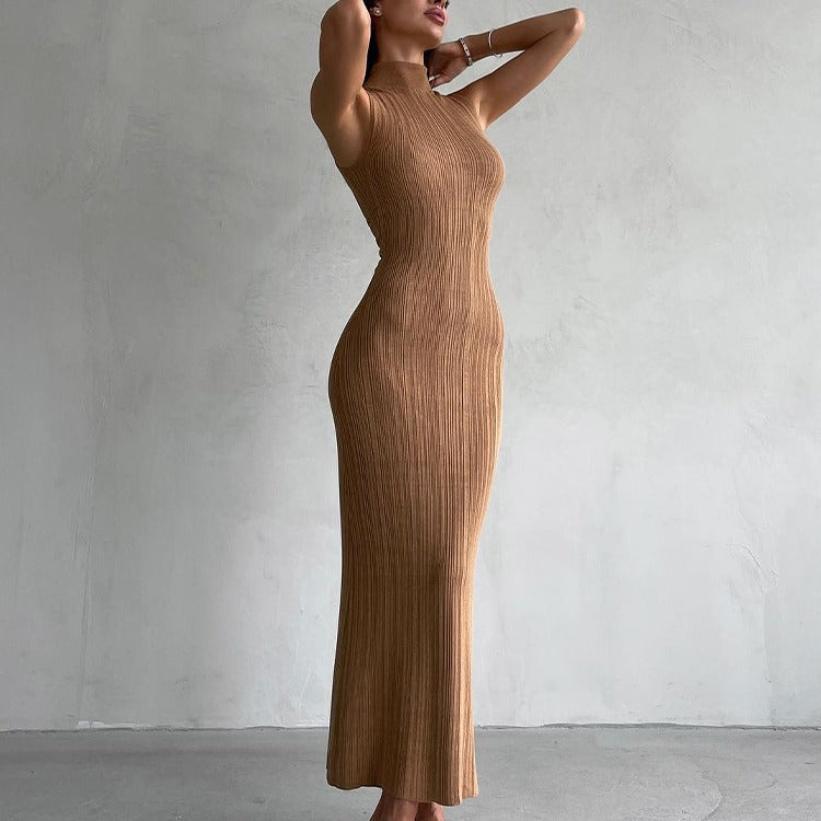 High-Neck Sleeveless Knit Bodycon Maxi Dress