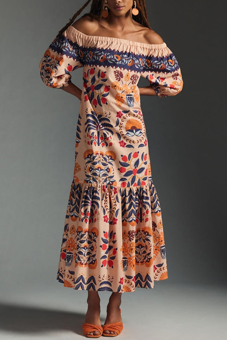 Retro Floral Print Off-Shoulder Loose Pockets Dress