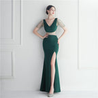 Women's Rhinestone Beaded V-Neck Slit Evening Maxi Dress