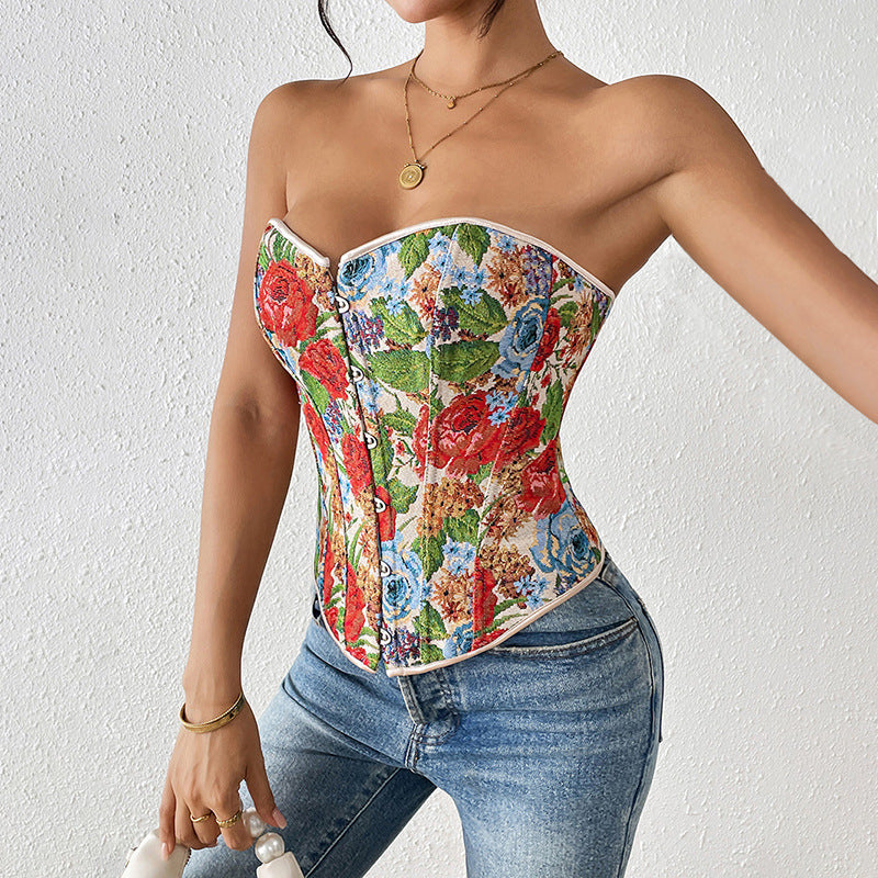 's Short Print French Floral Boning Corset Tube Top Retro Tight