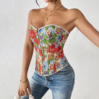 's Short Print French Floral Boning Corset Tube Top Retro Tight