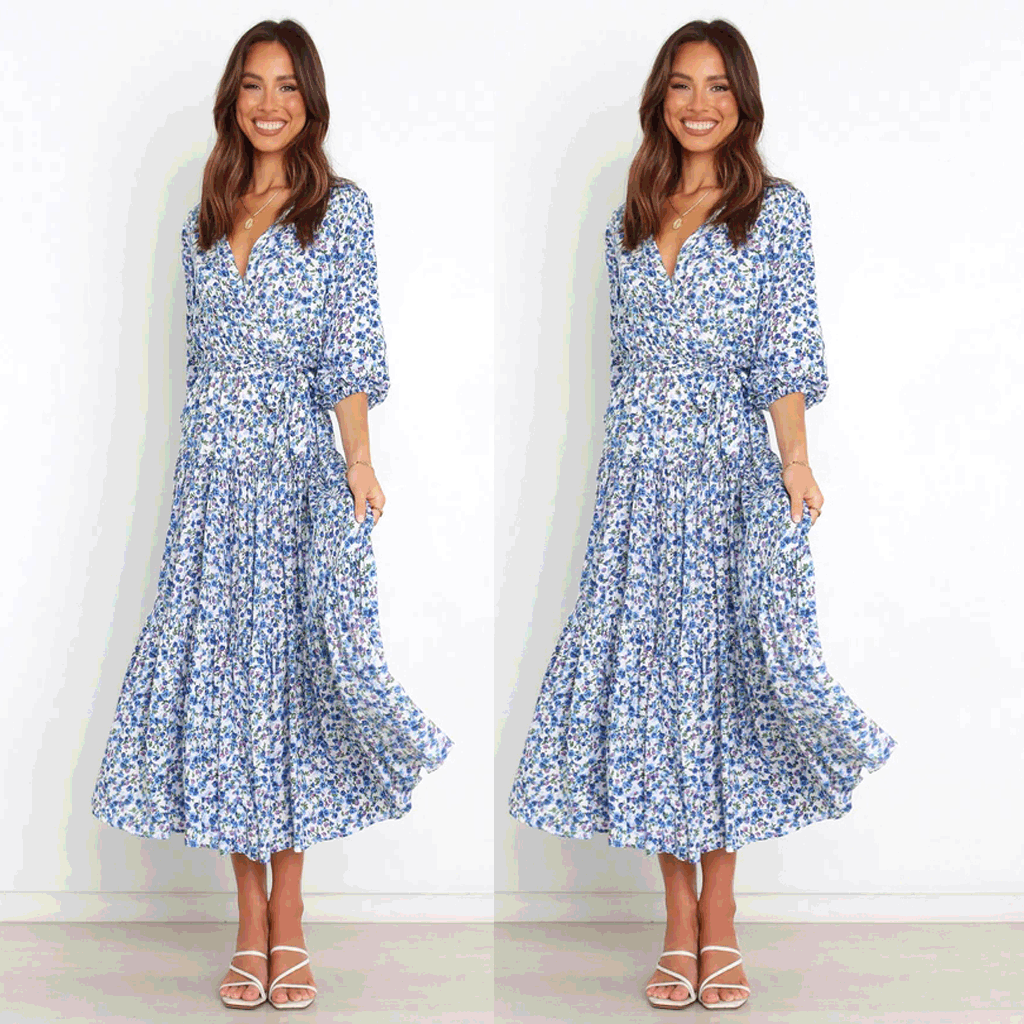 Women's Floral Mid-Sleeve V neck Dress