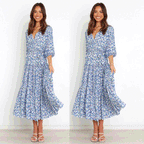 Women's Floral Mid-Sleeve V neck Dress