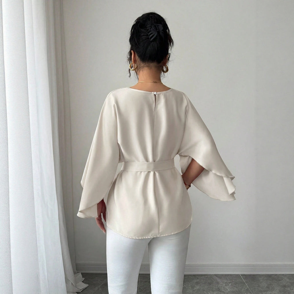 Women's Women French Gentle Beige Coat Women Round Neck Waist Trimming Slimming Shirt