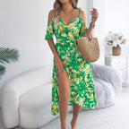 Strapless Cross V-Neck Floral Strap Holiday Dress