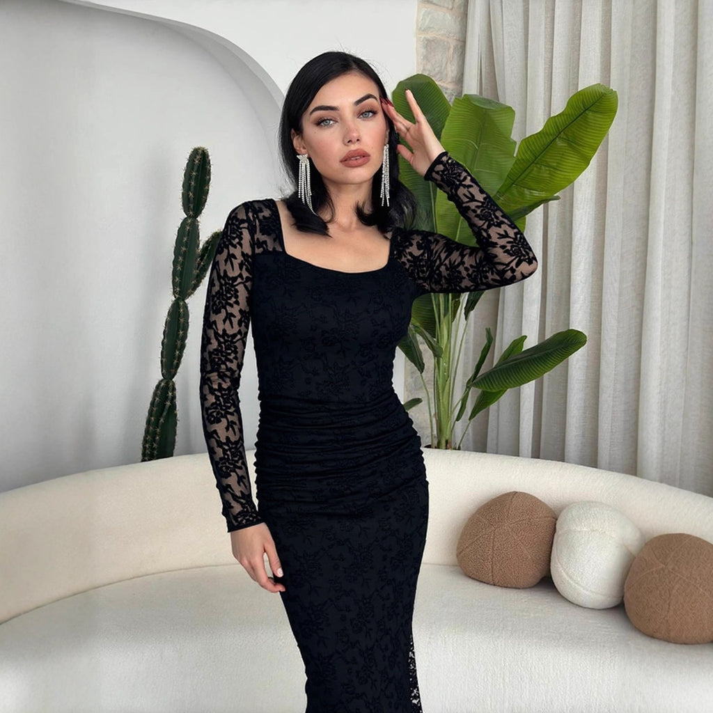 Autumn Winter Fashionable Elegant Lace Stitching Square Collar Slim Fit Pl