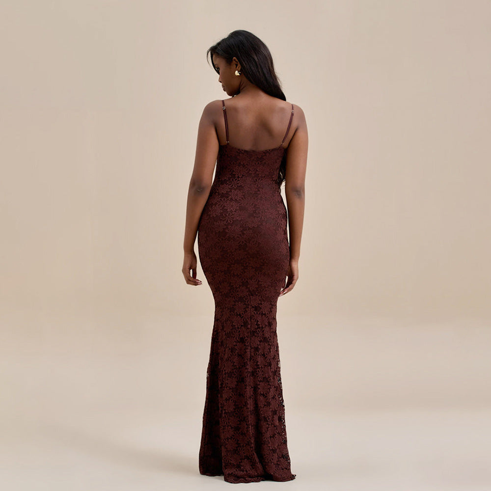 Women's Spaghetti-Strap Backless Lace Fishtail Maxi Dress