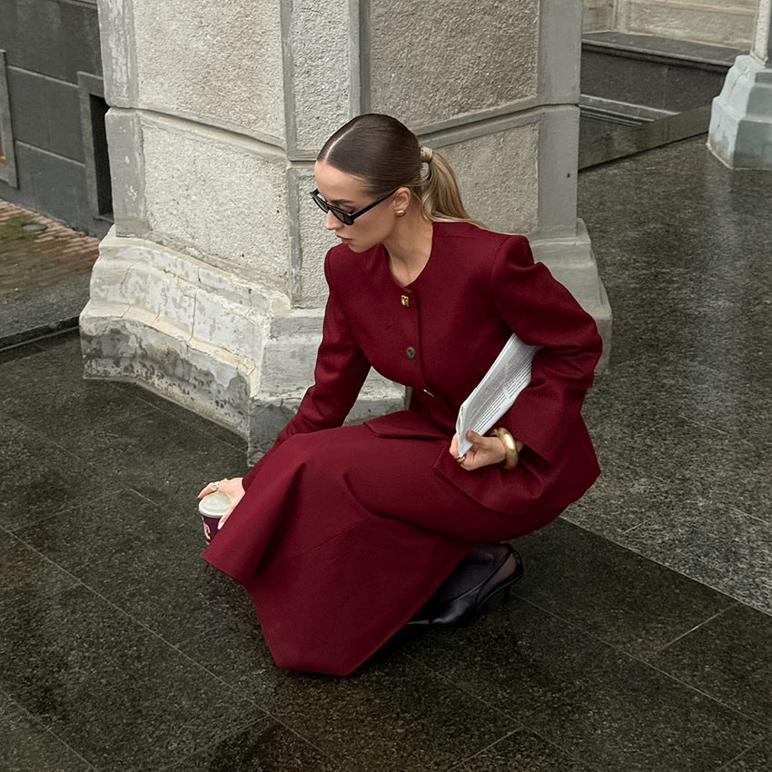Women's Red Long-Sleeve Split Skirt Suit Two-Piece Set