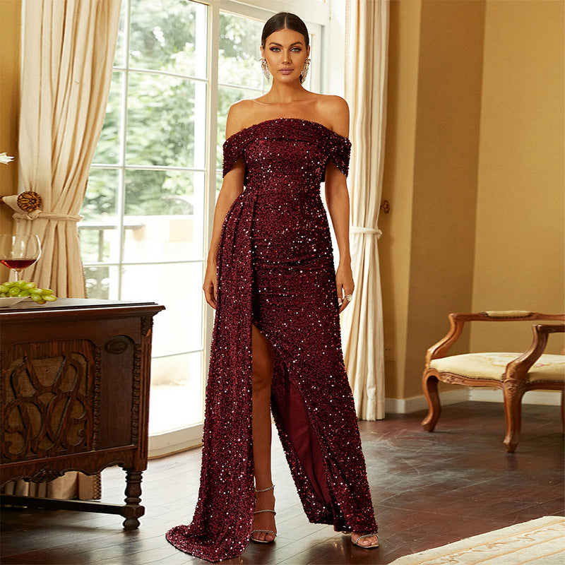 Women's Off-Neck Long Sequined Banquet Fishtail Small Trailing Dress