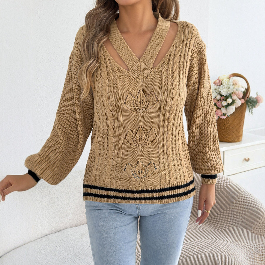 Women Clothing Autumn Winter V neck Hollow Out Cutout Twist Contrast Color Lantern Sleeve Sweater