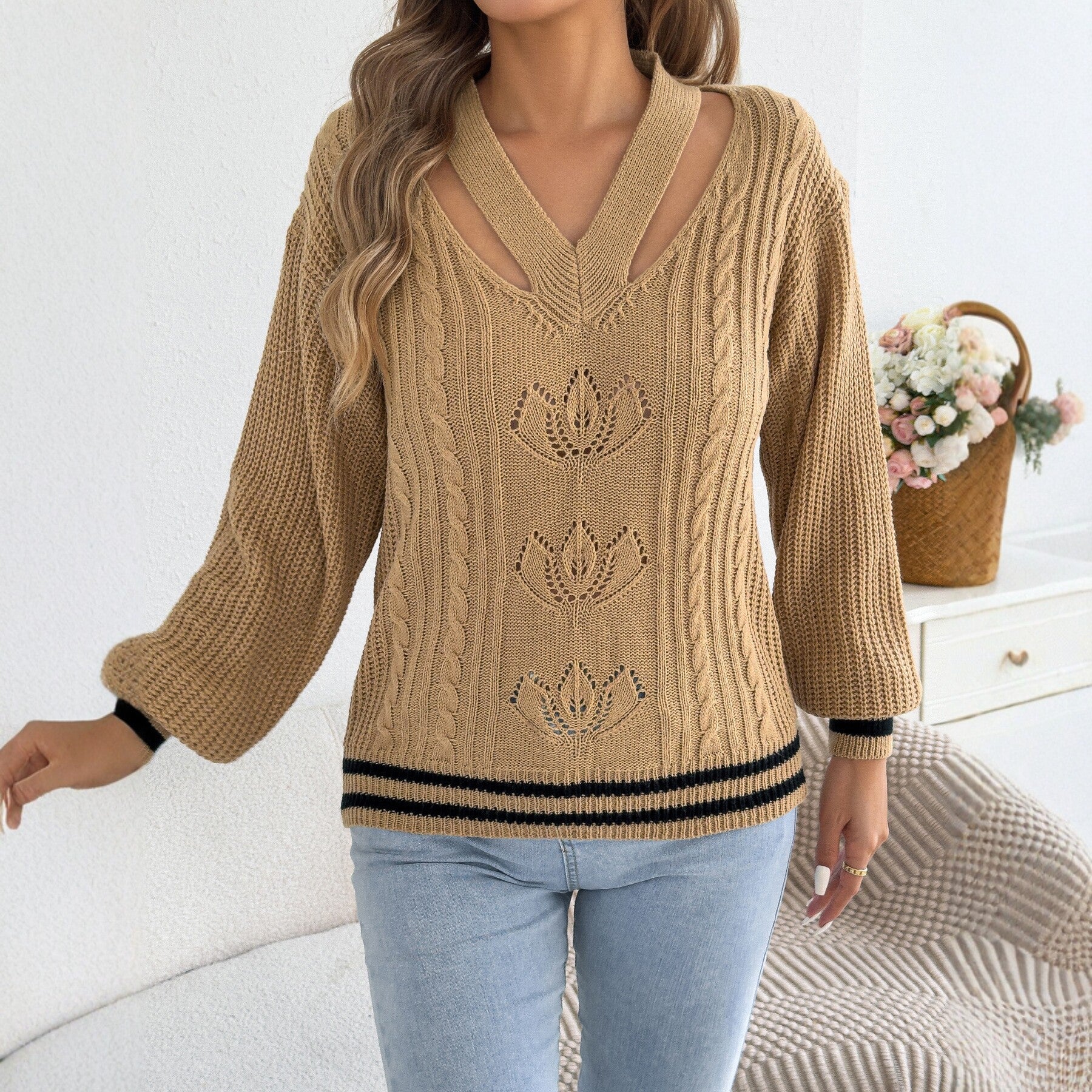 Women Clothing Autumn Winter V neck Hollow Out Cutout Twist Contrast Color Lantern Sleeve Sweater
