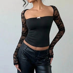 Women’s Black Lace Square Neck Fitted Top