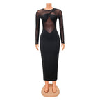 Women's Crew-Neck Mesh Long-Sleeve Bodycon Dress