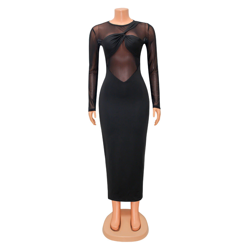 Women's Crew-Neck Mesh Long-Sleeve Bodycon Dress