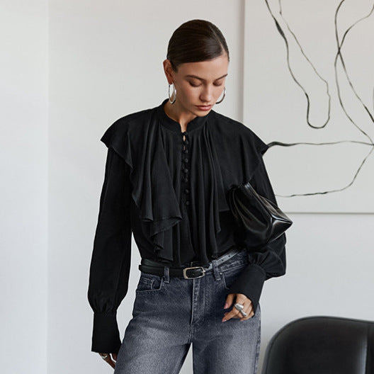 Women's Court French Ruffled Stand Collar Single Breasted Long Sleeve Shirt Women French Lantern Sleeve Loose Solid Color Top