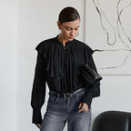 Women's Court French Ruffled Stand Collar Single Breasted Long Sleeve Shirt Women French Lantern Sleeve Loose Solid Color Top