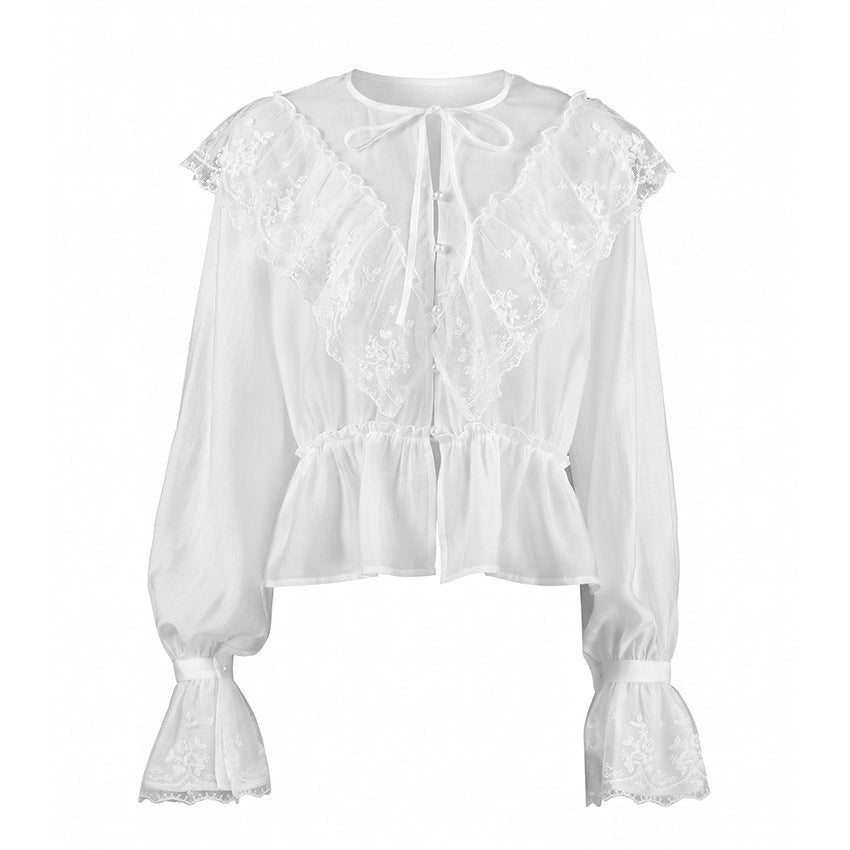 French Lace Stitching Tied Waisted Long Sleeved Shirt Women