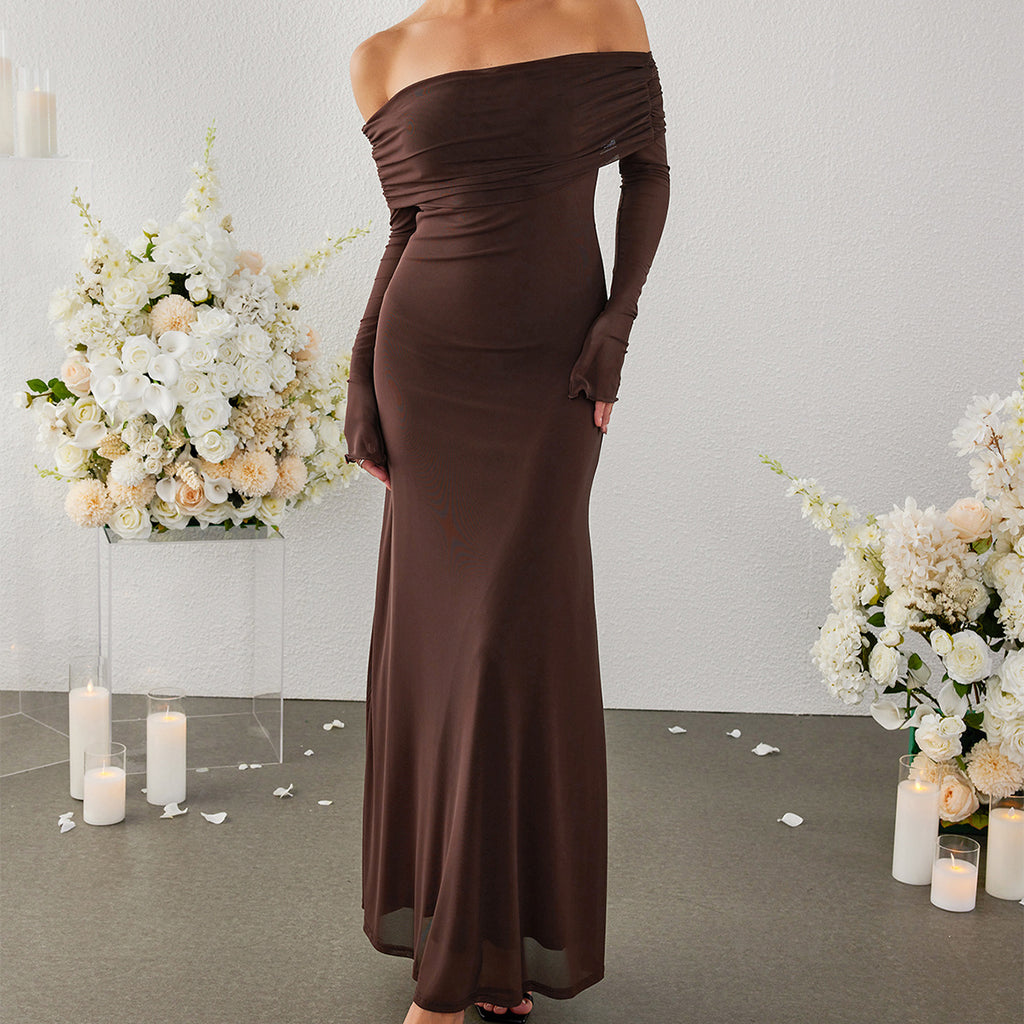 Women's Backless Mesh Long-Sleeve Formal Dress