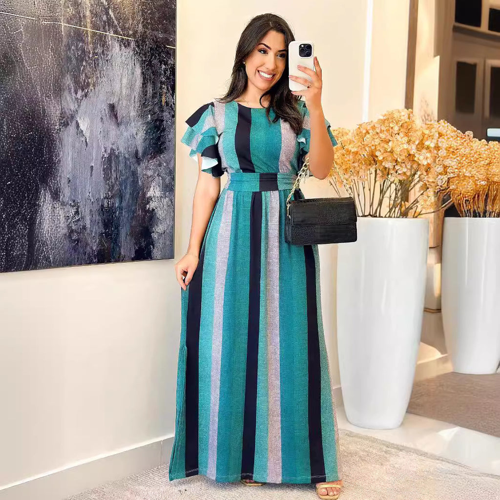 Striped Printed Lace-Up Pile Ruffle Sleeve Dress