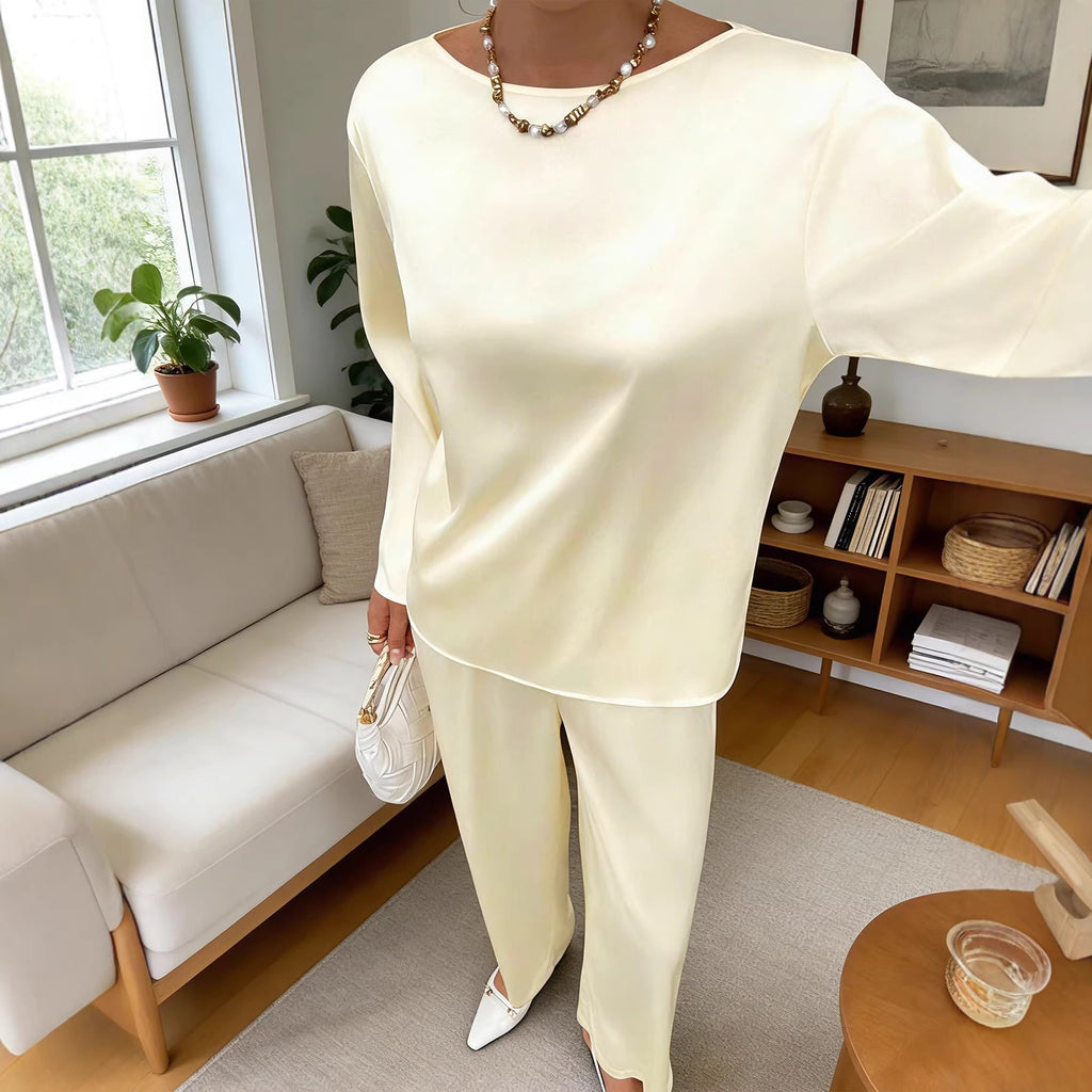 Women's Satin Two-Piece Top & Straight-Leg Pants Set