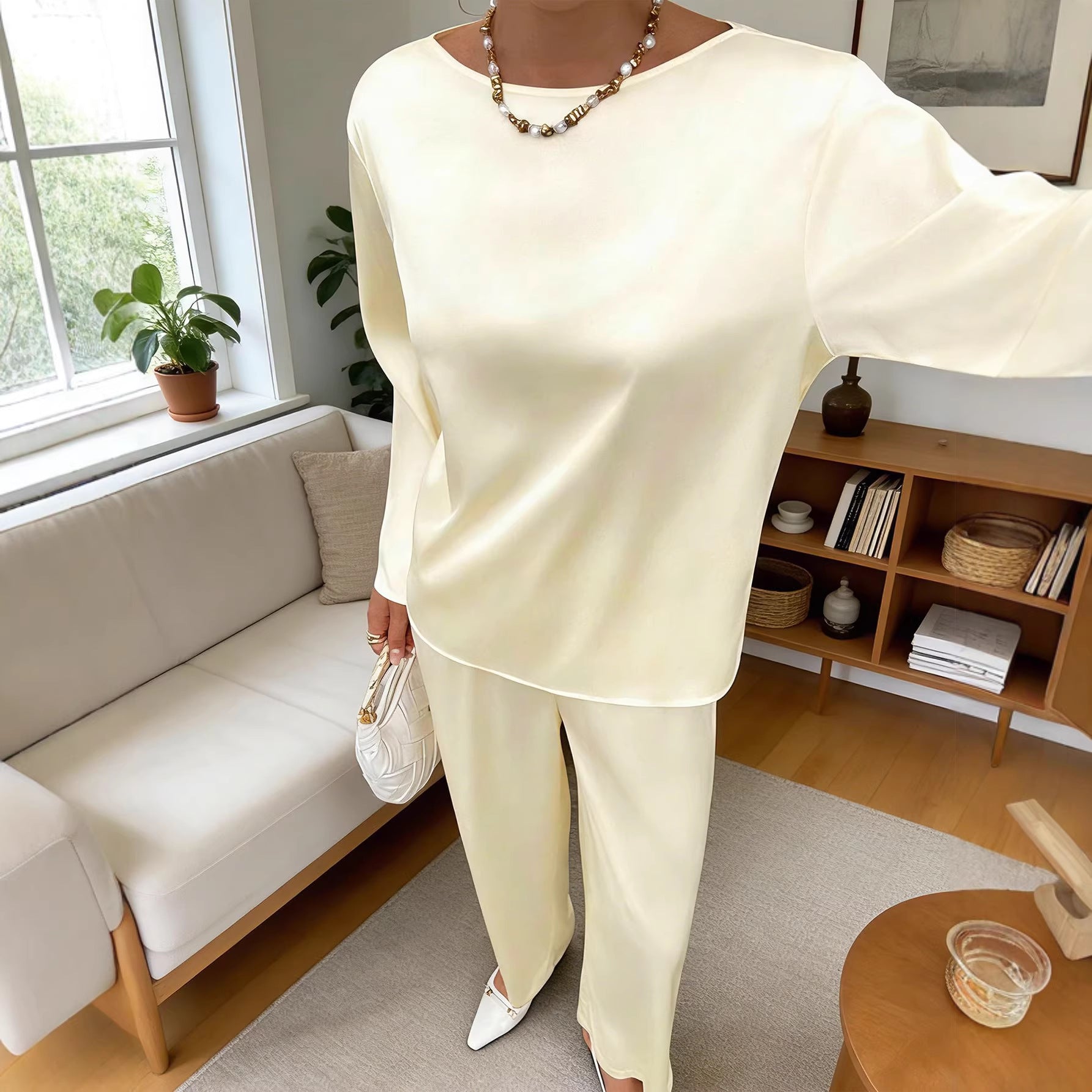 Women's Satin Two-Piece Top & Straight-Leg Pants Set