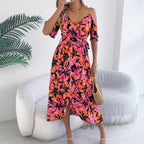 Strapless Cross V-Neck Floral Strap Holiday Dress
