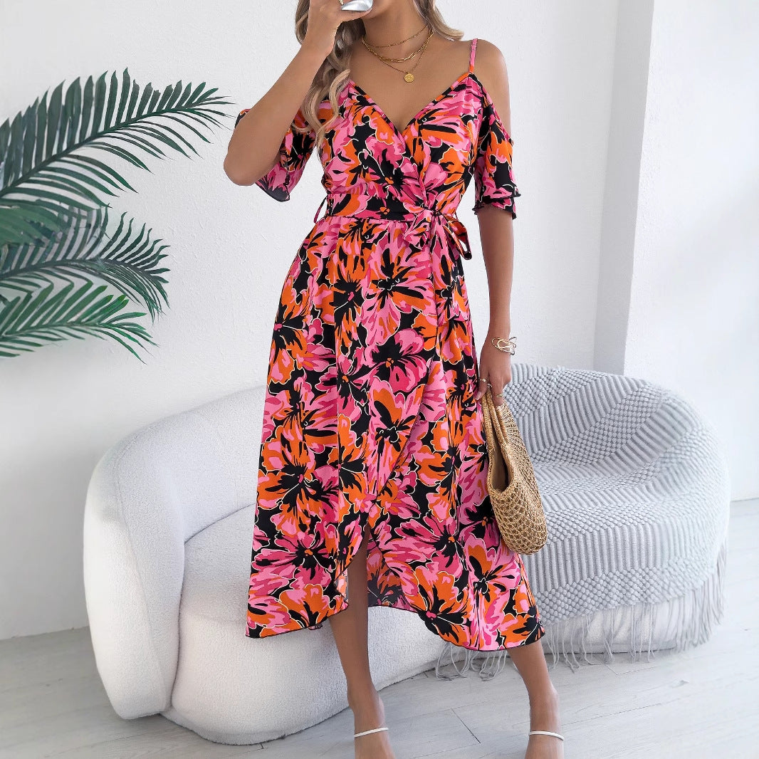 Strapless Cross V-Neck Floral Strap Holiday Dress