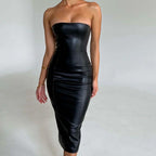 Strapless Faux-Leather Bodycon Midi Dress