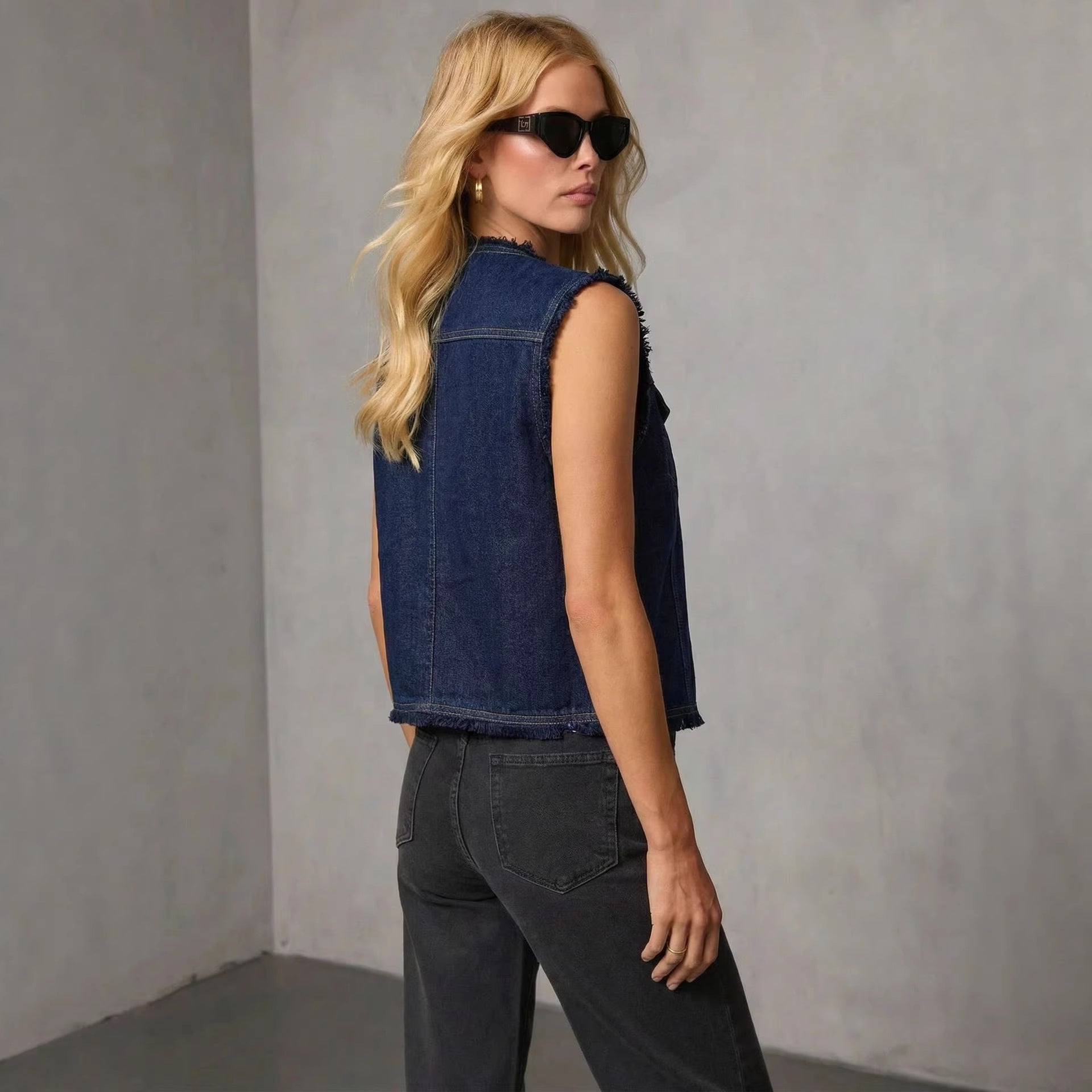 Sleeveless V Neck Denim Vest