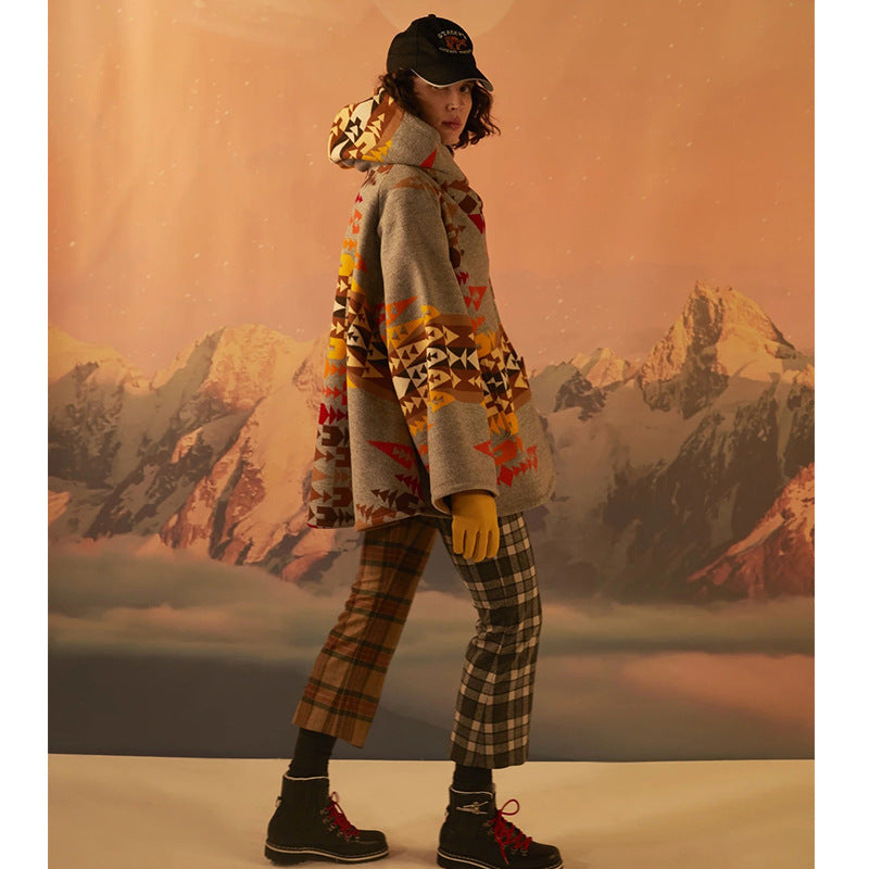 Women's Long Sleeve Hooded Jacket Printed Woolen Coat