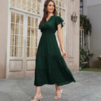 Embossed Cross-Collar Ruffle-Sleeve Maxi Dress