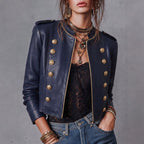 Women's Vintage Court Napoleon Double Breasted Faux Leather Jacket Short Knight