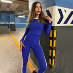 Contrast Color Long Sleeves Short Top High-Waist Trousers Casual Two Piece