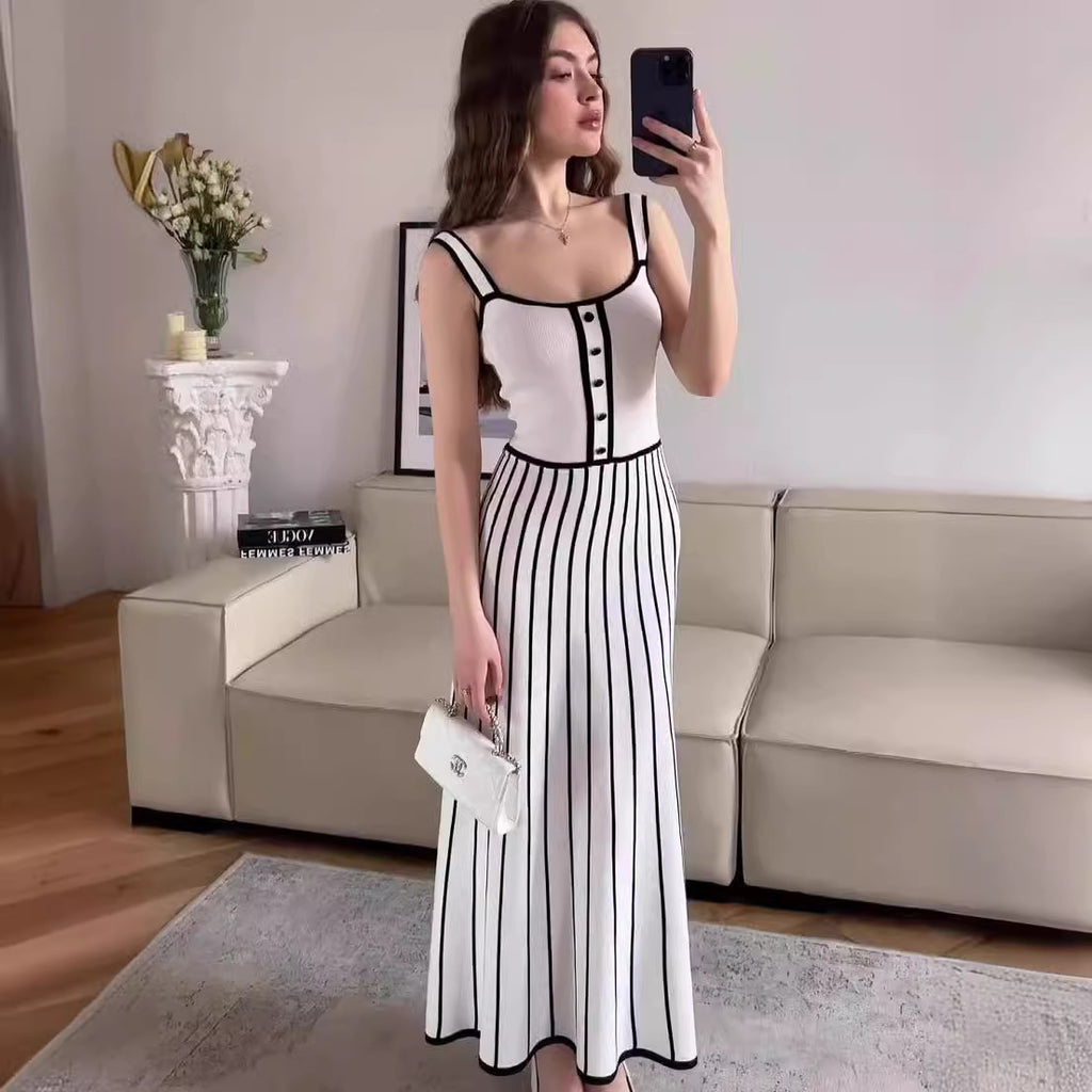 Retro Spaghetti Straps Striped Patchwork Knitting Color Dress